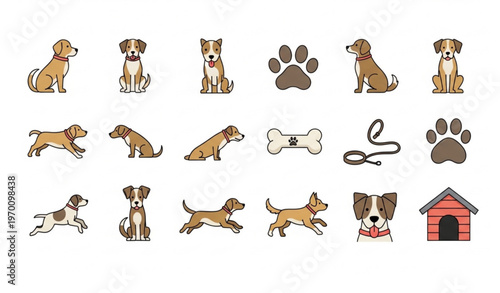 Dog icon vector bundle with pet symbols paw bone leash and house icons