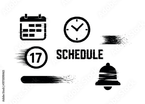 Digital scheduling and calendar system theme, a set of 5 glitch-distorted monochrome objects placed on a perfectly clean white background