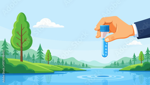 Scientist testing water sample with test tube in nature scene  
