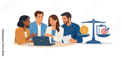 A team aligning financial priorities during a collaborative planning discussion, gathered near a laptop while interacting with a simple balanced chart