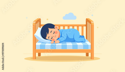 Young boy sleeping peacefully in crib with blue bedding  