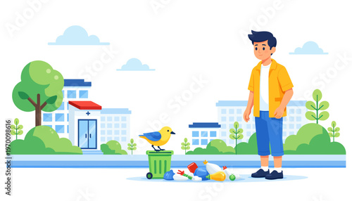 Young boy standing beside trash can and looking at yellow bird  