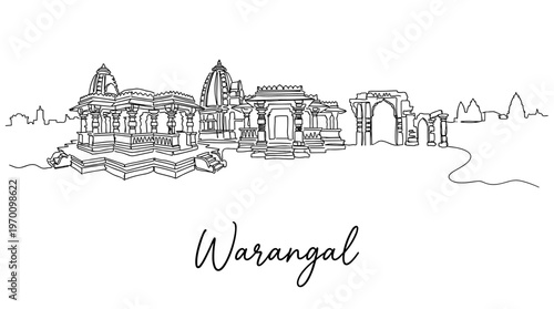Warangal city skyline landmarks featuring Thousand Pillar Temple and Fort ruins continuous line art vector illustration
