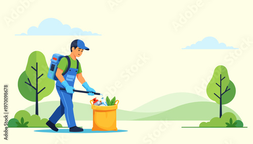 Environmental worker collecting trash in park during daylight  