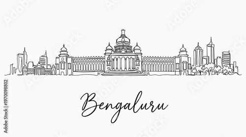 Bengaluru city skyline with Vidhana Soudha landmark minimalist continuous line drawing vector