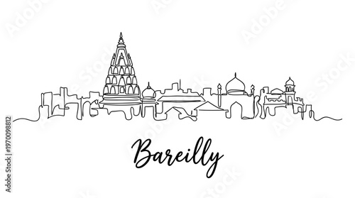 Bareilly India city skyline with temple and mosque continuous line art vector