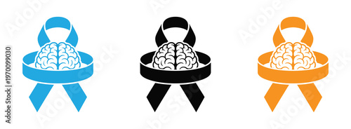 Brain awareness ribbons icon set. Epilepsy awareness month illustrations with ribbon and brain icons in creative style on an isolated background. 