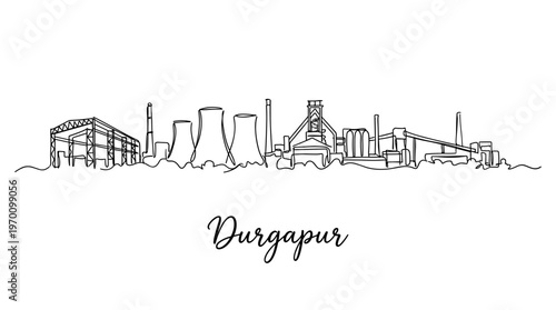 Durgapur India industrial skyline with steel plant factory continuous line drawing vector illustration