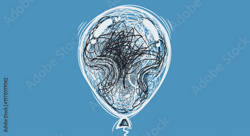 A creative illustration of a balloon filled with scribbled thoughts, representing mental clarity and organization.