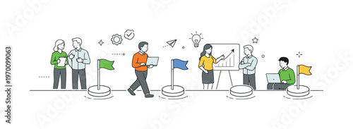 A structured execution consistency scenario where a team maintains steady progress through clearly defined steps without interruptions, built around a