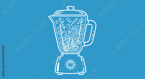 A blender filled with mixed food items on a clean blue background, conveying a sense of healthy eating and meal preparation.