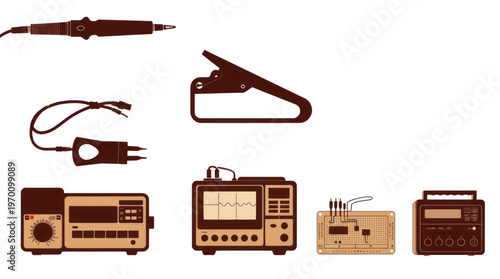Electronics Laboratory Equipment Illustration with Soldering Iron and Measuring Devices
