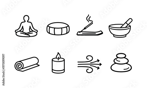 Yoga and mindfulness practice: yoga pose lotus, meditation cushion, incense stick, singing bowl, yoga mat, calming candle, breath symbol, zen stones