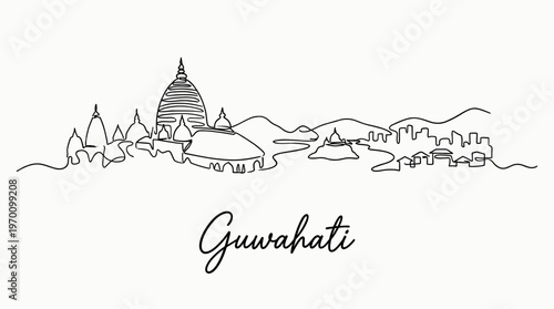 Guwahati India city skyline with Kamakhya Temple continuous line art vector illustration