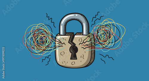 An illustration of a broken padlock with colorful chaotic lines bursting out, symbolizing freedom and confusion. Suitable for concepts related to secu