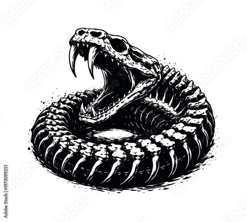 A coiled rattlesnake skull with fangs exposed shown in a dramatic three-quarter view, enlarged to dominate the frame as a compact yet aggressive form