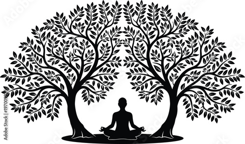 High quality black silhouette of a person meditating in lotus pose between two symmetric leafy trees for zen yoga and wellness design