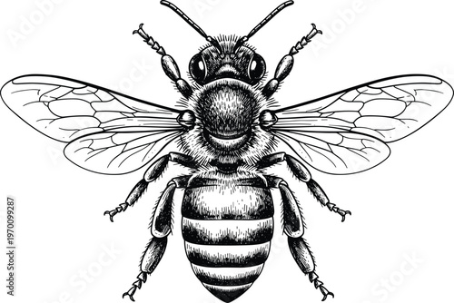 Detailed Bee Engraving Illustration Featuring Vintage Hand Drawn Insect with Wings and Stripes for Nature Science and Botanical Design