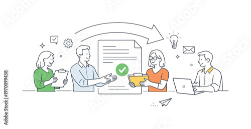 A workflow handoff and process transition scene featuring a small group passing tasks around a large arrow and document, using a simple visual