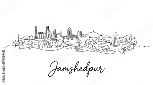 Jamshedpur city skyline featuring industrial plants and park fountains continuous line art vector illustration