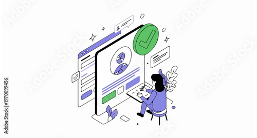 Isometric Illustration of User Profile Verification and Online Account Registration with a Green Success Checkmark and Data Dashboard