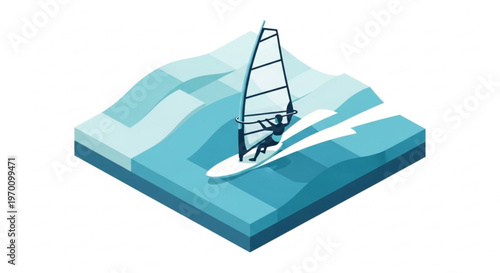 Isometric vector illustration of windsurfer maneuvering sail on blue ocean waves isolated on white background for water sports design