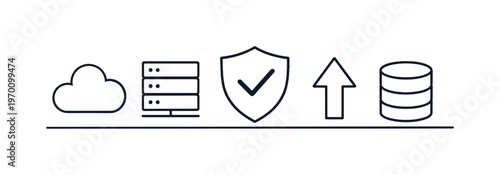 Cloud computing and secure data storage for scalable digital infrastructure and reliable remote access in modern business, cloud, server stack, shield