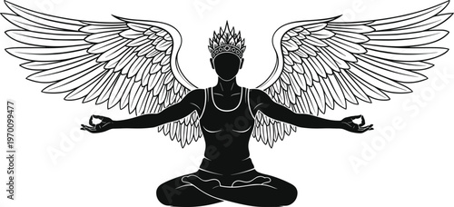Mystical angel silhouette practicing yoga meditation in lotus pose with large spread wings wearing decorative crown isolated on white background vector illustration