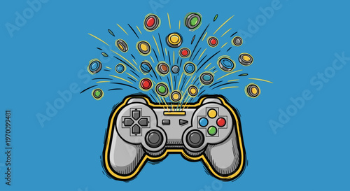 A colorful illustration of a video game controller with buttons and lights exploding from it, conveying excitement and energy.