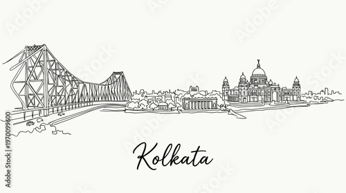 Kolkata city skyline featuring Howrah Bridge and Victoria Memorial line art illustration