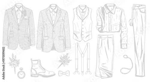Vintage Men's Formal Suit and Wedding Attire Illustrations