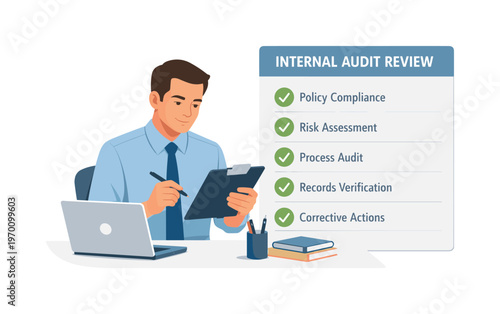 A professional organizing a structured internal audit review during a focused work session, sitting at a desk with a laptop while checking a simple