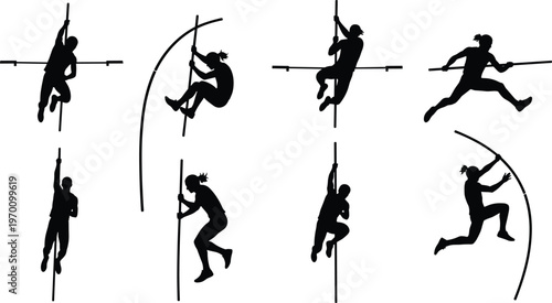 Professional collection of black silhouettes featuring male and female pole vaulting athletes in various stages of jumping and soaring over crossbars during competition.