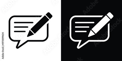 Speech bubble icon with a pencil, illustrating message composition, online feedback, customer review, chatting, and digital communication interface for mobile and web.