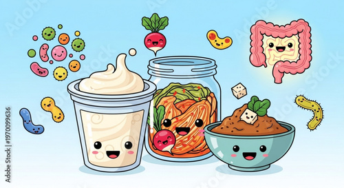 Cute kawaii style vector set of probiotic foods like yogurt kimchi and miso with friendly bacteria and gut health icons on light blue background
