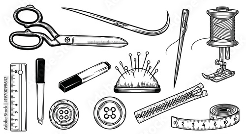 Professional Tailoring Tools and Sewing Supplies Illustration