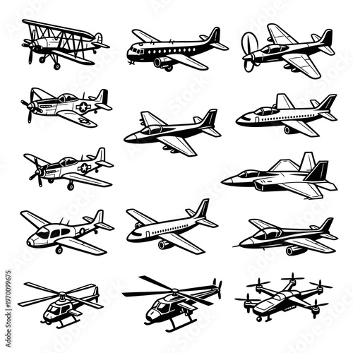 Collection of Military and Commercial Aircraft Aviation Vector Icons