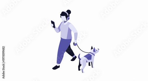 Isometric Vector Illustration of a Woman Walking her Dog while Working Remotely with a Headset and Smartphone