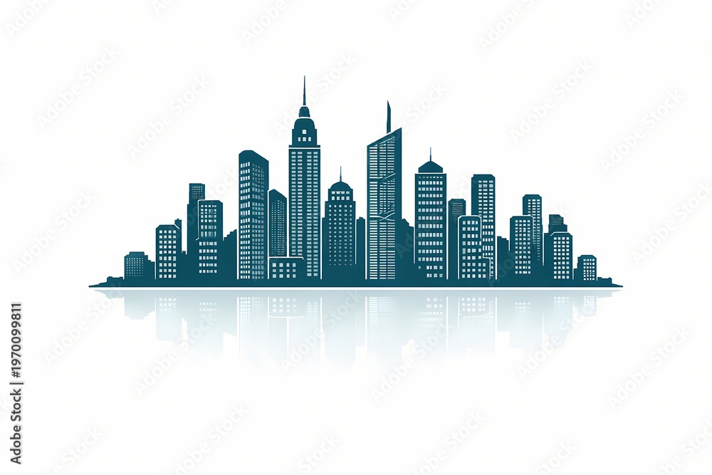 Obraz premium minimalist vector illustration of a city skyline silhouette in a monochromatic deep teal blue. The skyscrapers feature varied geometric designs with clean lines and stylized window patterns.
