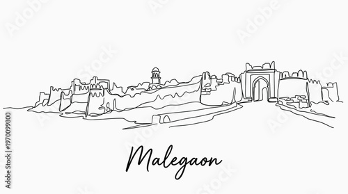 Malegaon India city skyline fort architecture minimalist continuous line art illustration