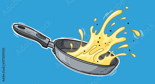 A cartoon-style illustration of a gray frying pan with a black handle, splashing yellow egg yolk against a blue background.