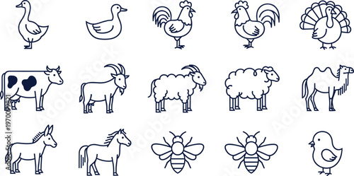 Farm Animal Line Icon Set Featuring Cow Goat Sheep Horse Rooster Turkey Bee and Barnyard Livestock Outline Collection for Agriculture Design