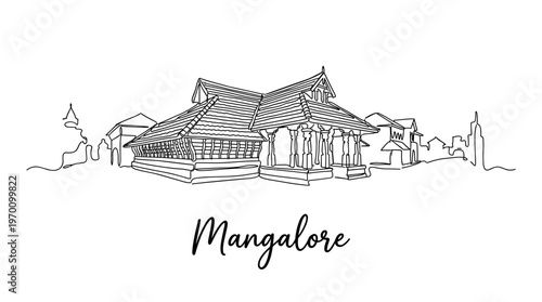 Mangalore India city skyline traditional temple architecture one line drawing vector
