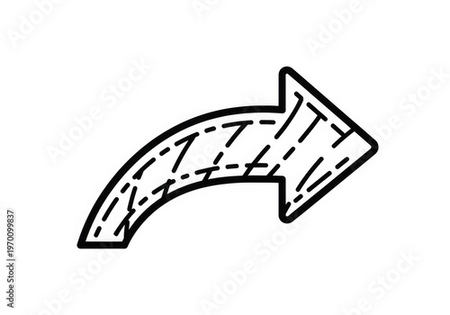A black and white drawing of a curved arrow