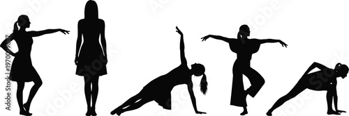 Set of black female silhouettes in various yoga poses and active lifestyle positions isolated on white background for health wellness and fitness design projects.