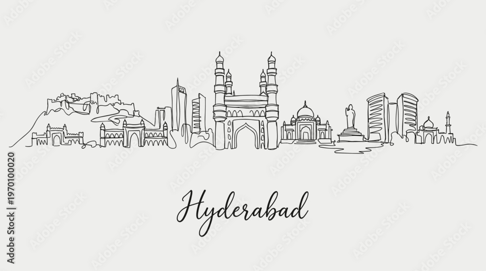 Obraz premium Minimalist Hyderabad city skyline featuring Charminar and Golconda Fort line art vector
