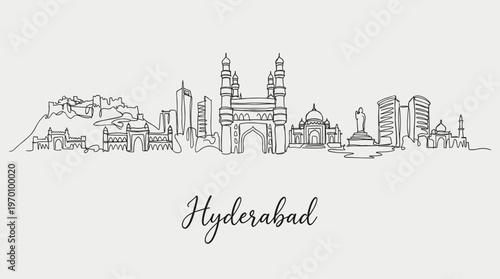 Minimalist Hyderabad city skyline featuring Charminar and Golconda Fort line art vector