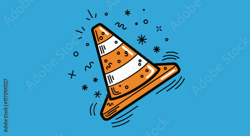A cartoon traffic cone flies through the air with celebratory motion lines and shapes around it, conveying excitement and joy.