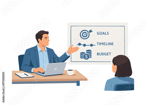 A professional clarifying project scope during a focused planning session, sitting at a desk with a laptop while defining a simple boundary frame