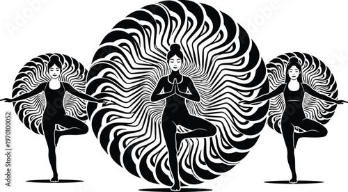 Three women silhouettes practicing yoga tree pose against decorative circular mandala patterns isolated on white background minimalist vector illustration for wellness and meditation